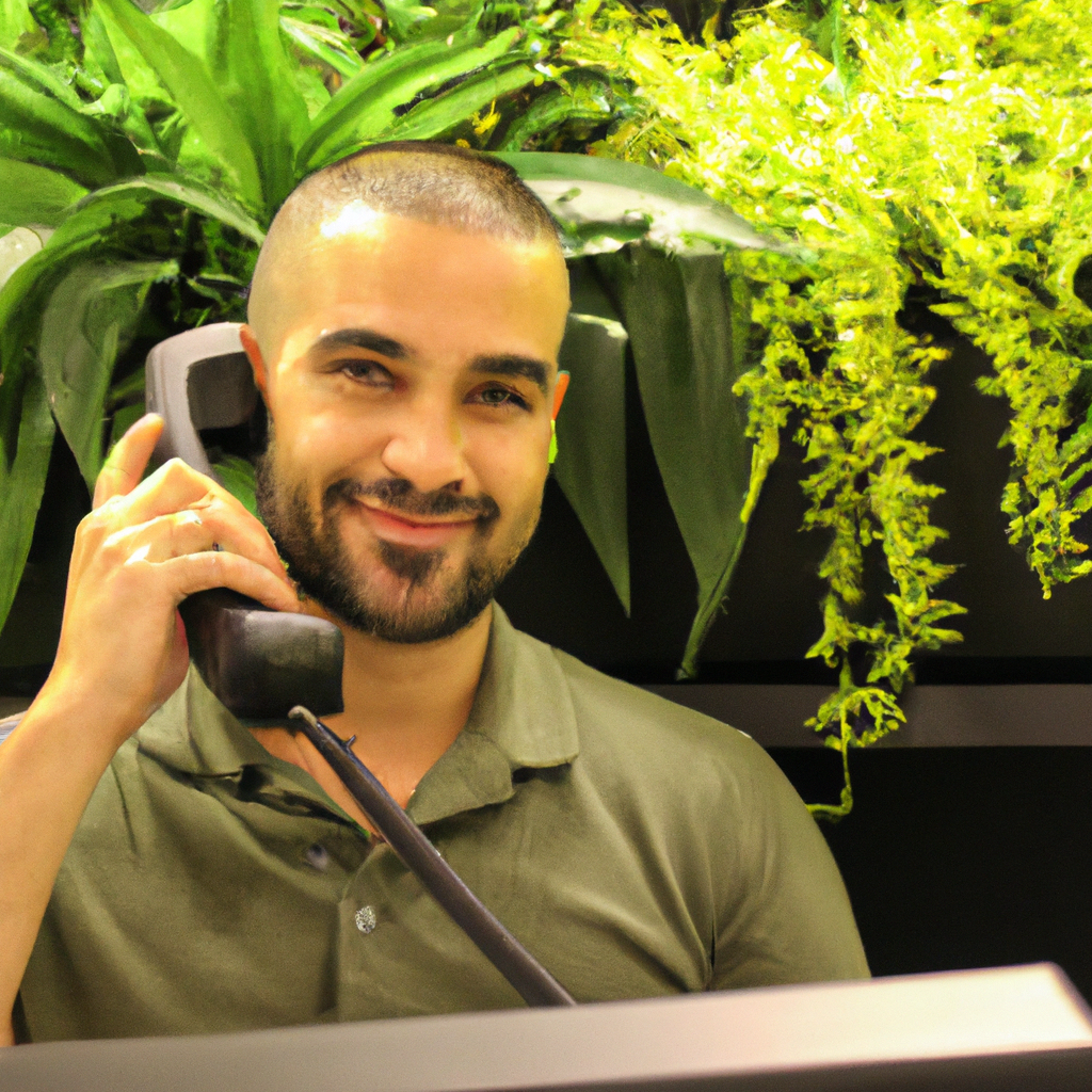 Vinyasana.Pro support specialist answering a call in a bright office with green plants